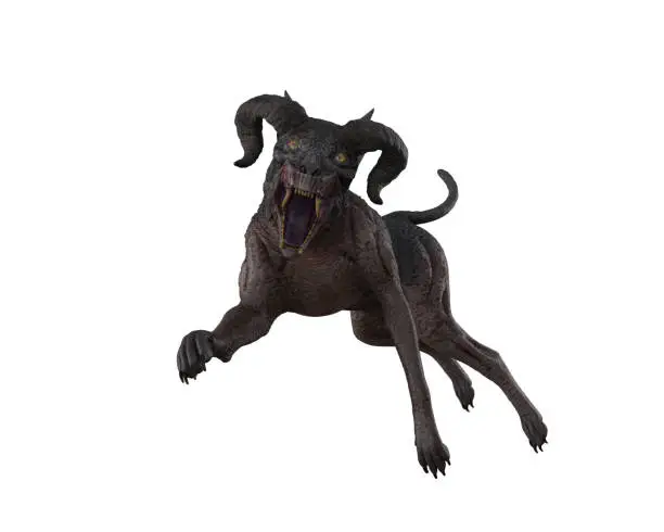 Photo of Demon hellhound in attacking pose. 3D rendering isolated on white background.