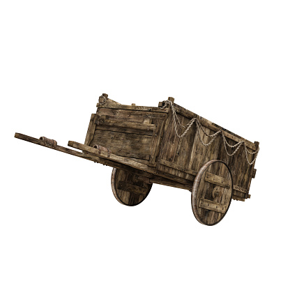 Medieval wooden cart from front perspective. 3D rendering isolated on white background with clipping path.