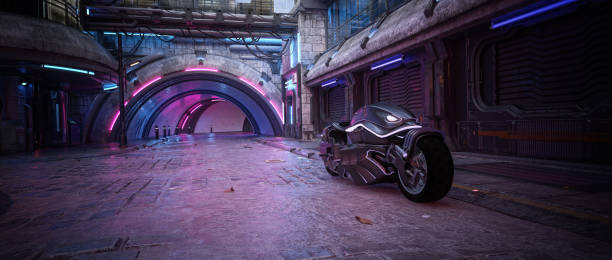 Futuristic fantasy motorbike in a seedy dystopian downtown city street. Cinematic view cyberpunk concept 3D illustration. Futuristic fantasy motorbike in a seedy dystopian downtown city street. Cinematic view cyberpunk concept 3D rendering. seedy alley stock pictures, royalty-free photos & images
