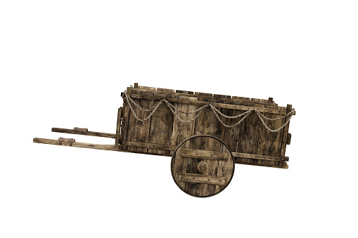 Medieval wooden cart from side view. 3D rendering isolated on white background with clipping path.