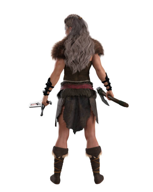 istock Tall strong Viking warrior wman holding sword and bearded axe facing away. 3D illustration isolated on white with clipping path. 1394154493