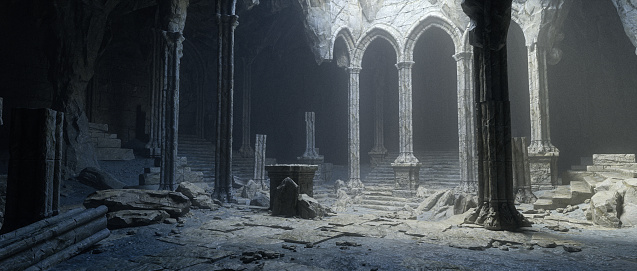 Dark and creepy old ruined medieval fantasy temple. 3D rendering.