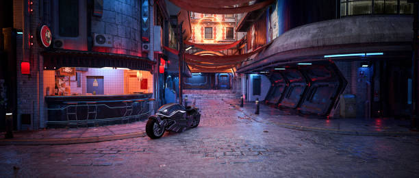 Futuristic motorcycle parked outside a fast food bar in a seedy cyberpunk street at night. Wide cinematic view 3D rendering. Futuristic motorcycle parked outside a fast food bar in a seedy cyberpunk street at night. Wide cinematic view 3D illustration. seedy alley stock pictures, royalty-free photos & images
