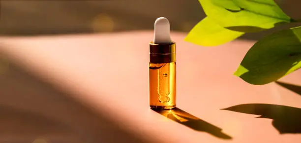 Cosmetic glass dropper bottle with oil, serum or fruit peeling in the sunlight. Green eucalyptus in soft focus. Beauty product presentation on natural background. Front view. Mockup concept