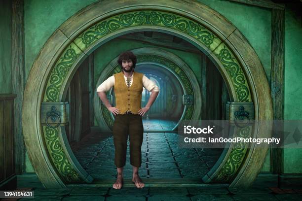 Fantasy Halfling Man Standing Under A Round Archway In The Hallway Of His House 3d Rendering Stock Photo - Download Image Now