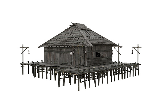 Corner perspective view of old wooden swamp house built on stilts over water. 3d rendering isolated on white with clipping path.