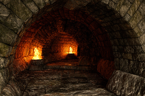 Fantasy medieval arched tunnel under a castle or city. 3D rendering.