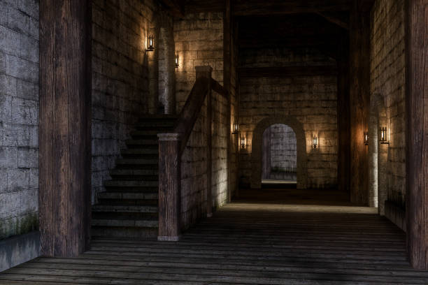Medieval castle hallway with stairs leading to upper floor. 3D rendering.