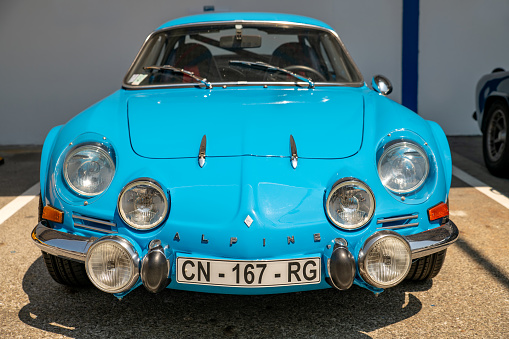 DIEPPE, FRANCE - JUNE 30, 2018: Renault Alpine car blue modele 110 Berlinette V85 on the exposition Vintage and classic Cars.