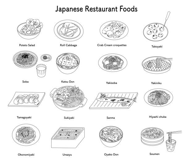 ilustraciones, imágenes clip art, dibujos animados e iconos de stock de conjunto de iconos de comidas de restaurantes japoneses - comida japonesa