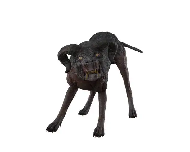 Photo of Vicious deadly demon dog from hell. 3D rendering isolated on white background.