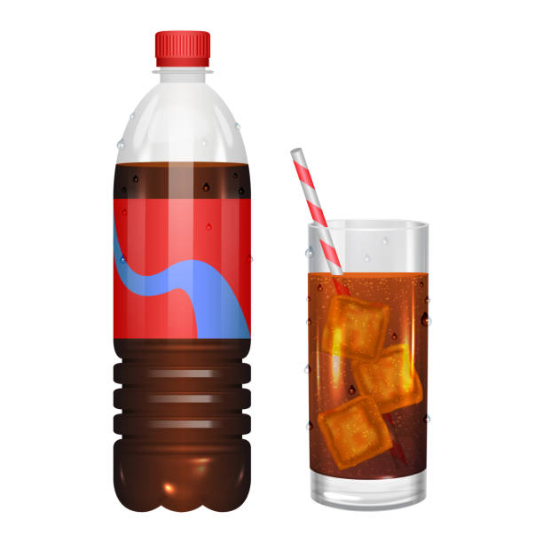 стакан колы с кубиками льда и колой в бутылке. векторная иллюстрация. - glass water freshness tonic water stock illustrations