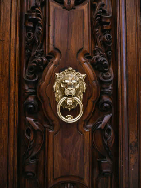 luxuriöse holztür mit goldenem löwenkopfklopfer - door knocker door lion luxury stock-fotos und bilder