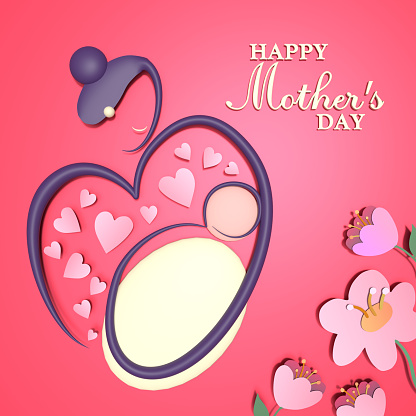 Mother's Day greeting card with flowers and line art drawing of a mother outline shape against red background. Easy to crop for all your social media and print sizes.