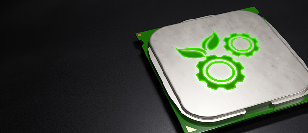 cogwheel symbol gear in cpu microchip with leaves glowing eco sustainability concept 3d render