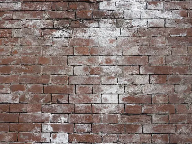 damage caused by efflorescence dampness and moisture on a red brick wall