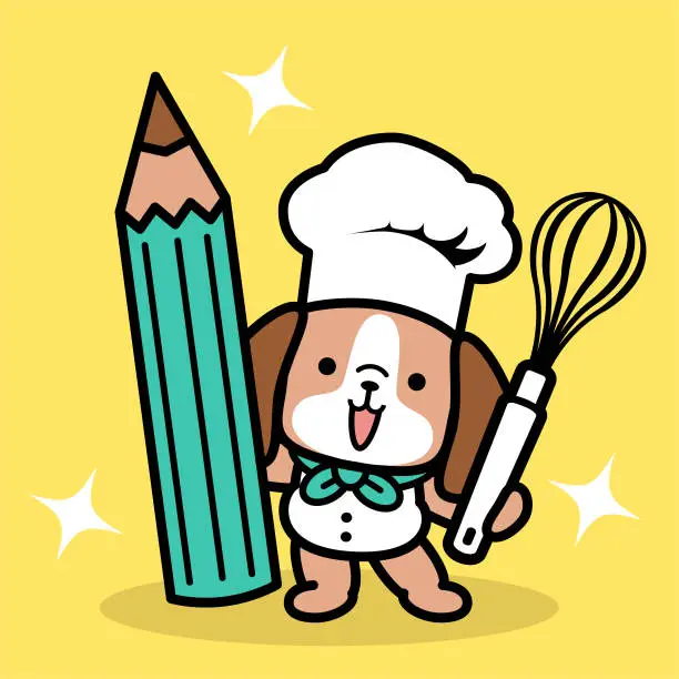 Vector illustration of A cute dog chef wearing a chef's hat and holding a colored pencil and egg beater