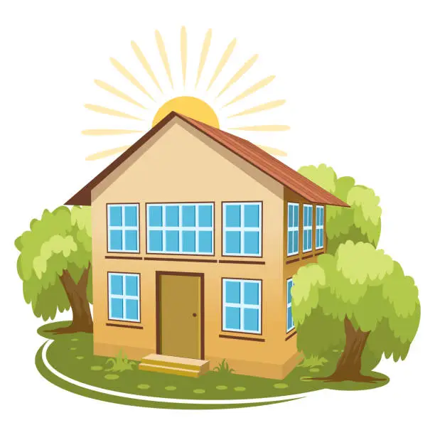 Vector illustration of Summer landscape. House surrounded by trees