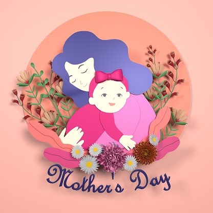 Mother's Day greeting card with mother and daughter while celebrating Mother's Day against pink background with floral design. Easy to crop for all your social media and print sizes.