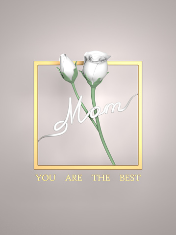 Two white roses are surrounded by a golden frame to celebrate Mother's Day greeting card on gray background. Easy to crop for all your social media and print sizes.