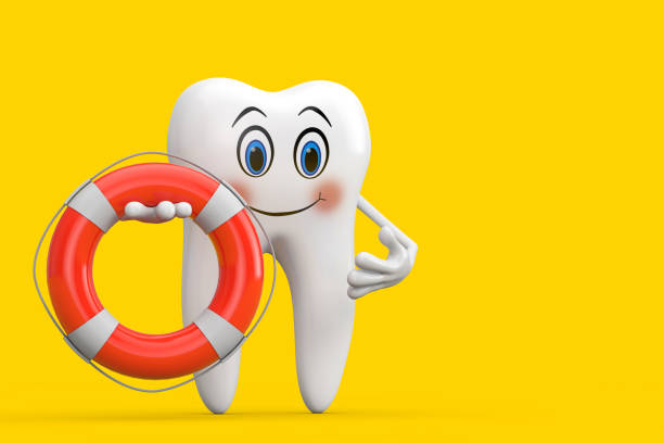 White Tooth Person Character Mascot with Life Buoy on a yellow background. 3d Rendering