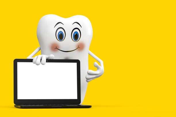 White Tooth Person Character Mascot with Modern Laptop Computer Notebook and Blank Screen for Your Design on a yellow background. 3d Rendering