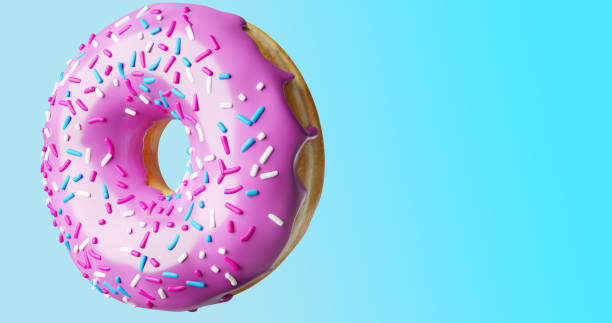 istock One donut with purple icing and sprinkles on blue background. Pastel colours. 3D render illustration 1394169431
