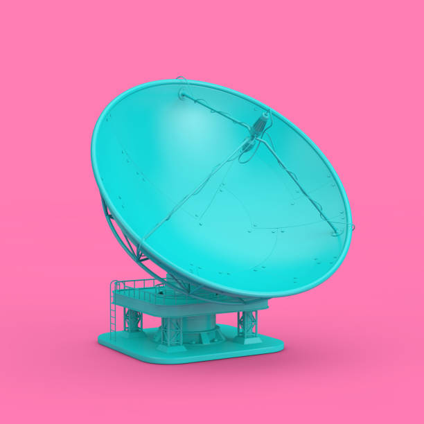 Blue Big Satellite Dish Antenna Radar in Duotone Style on a pink background. 3d Rendering