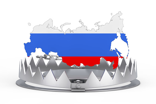 Sanction to Russia Concept. Russian Map in Colors of Russian Flag Catch in Metal Bear Trap on a white background. 3d Rendering