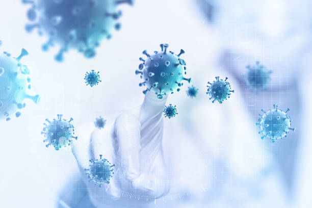 istock Doctor's hand touch and diagnose the viruses. modern interface screen on laboratory. 3d illustration 1394169984