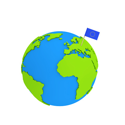 Earth Globe Modeling from Plasticine Blue and Green Clay with European Union Pointer Flag on a white background 3d Rendering