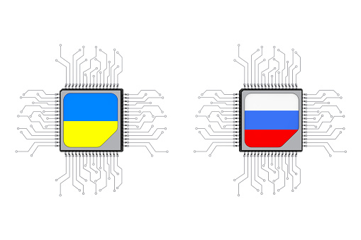 Hybrid and Cyber War Concept. Microchip CPU Processors with Circuit and Ukraine and Russia Flags on a white background. 3d Rendering