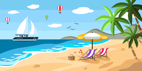 Vector illustration of a beautiful summer beach. Cartoon beach landscape with sun lounger, umbrella, ball, coconut trees, mountains, ship and hot air balloons.