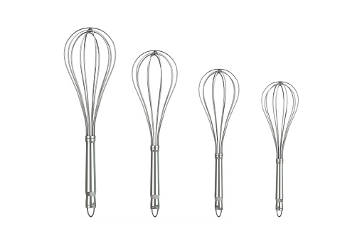 Kitchen Wire Whisk Eggs Beaters in Different Sizes on a white background. 3d Rendering
