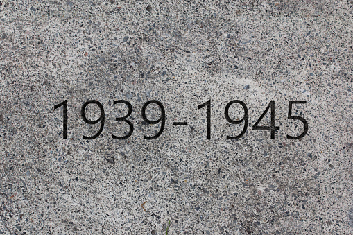 Memorial for Second World War. 1939 - 1945 SIgn Carved into a Stone extreme closeup. 3d Rendering