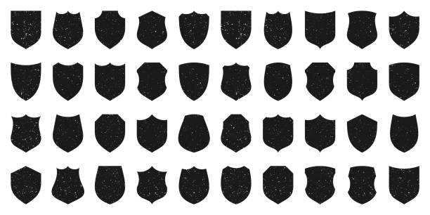 Set of various vintage shield icons. Black heraldic shields with grunge texture. Protection and security symbol, label. Vector illustration