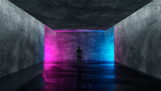 Dark Cyber SciFi Background with Neon Lights at Night in an Alley or Garage (3D illustration)