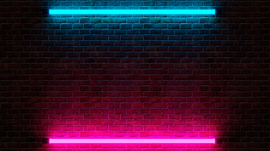 Modern Futuristic Neon Club Purple And Blue Lighted Empty Space Old Grunge Stone Bricked.3d render