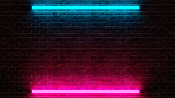 Modern Futuristic Neon Club Purple And Blue Lighted Empty Space Old Grunge Stone Bricked Detailed Wall In Room Wallpaper Background 3D illustration