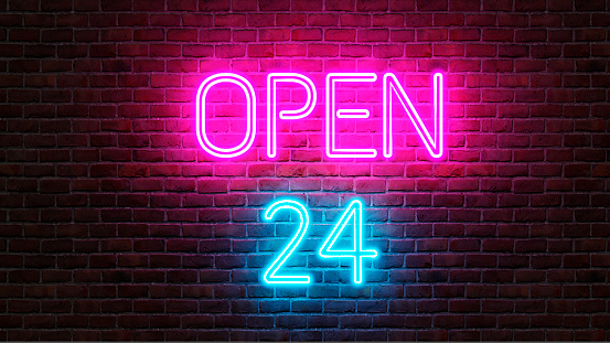24 hours open neon signboard on brick wall. 3d illustration