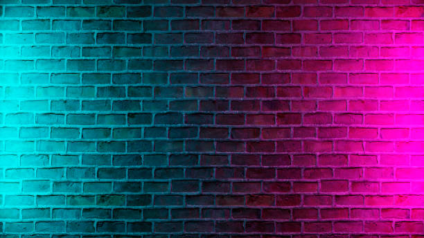 Modern futuristic neon lights on old grunge brick wall room background. 3d rendering