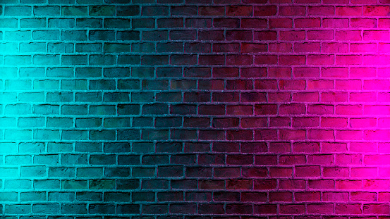 Modern futuristic neon lights on old grunge brick wall room background. 3d illustration