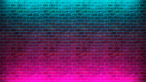istock Modern futuristic neon lights on old grunge brick wall room background. 3d rendering 1394180556