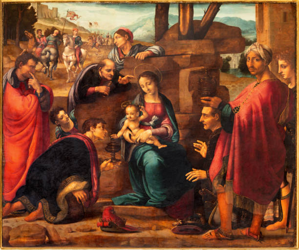 valencia - la pintura de la adoración de los reyes magos en el altar mayor de la catedral - natividad objeto religioso fotografías e imágenes de stock