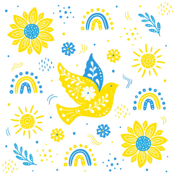 ukrainian folk symbols illustration dove bird sunflower peace - ukrayna illüstrasyonlar stock illustrations
