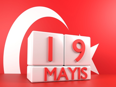 19 May calendar page on red background. 3D render on Turkish flag background. Easy to crop for all your print sizes and social media needs.