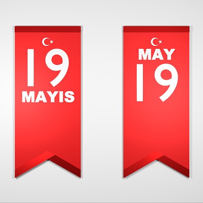 19 May banners in Turkish and English on white. 3D render isolated on white background. Easy to crop for all your print sizes and social media needs.