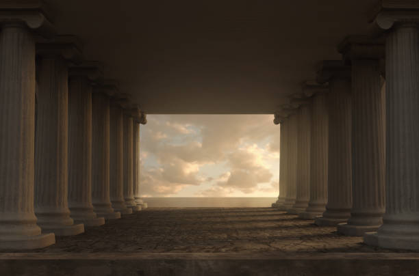istock 3d rendering of a wide hall with ionic columns and view to beautiful sea 1394183317