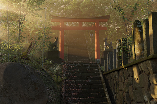 Representación 3D de un antiguo santuario japonés con puerta torii roja y linterna de piedra iluminada por rayos de sol photo