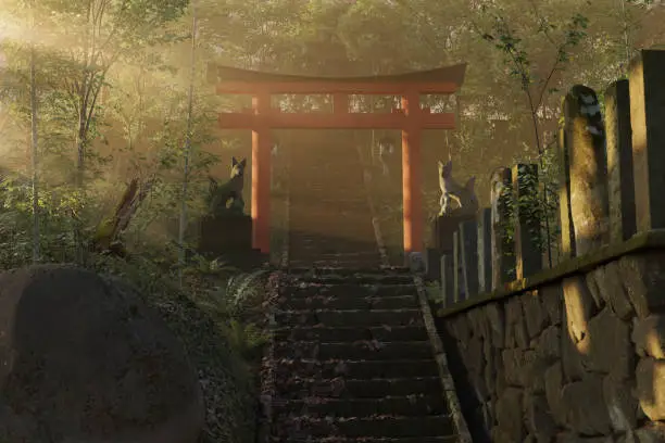 Photo of 3d rendering of an old japanese shrine with red torii gate and stone lantern illuminated by sun beams